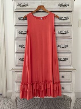 Coral Pocketed Ruffle Hem Dress